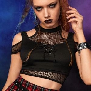 Punk rock contrast fishnet lace up top